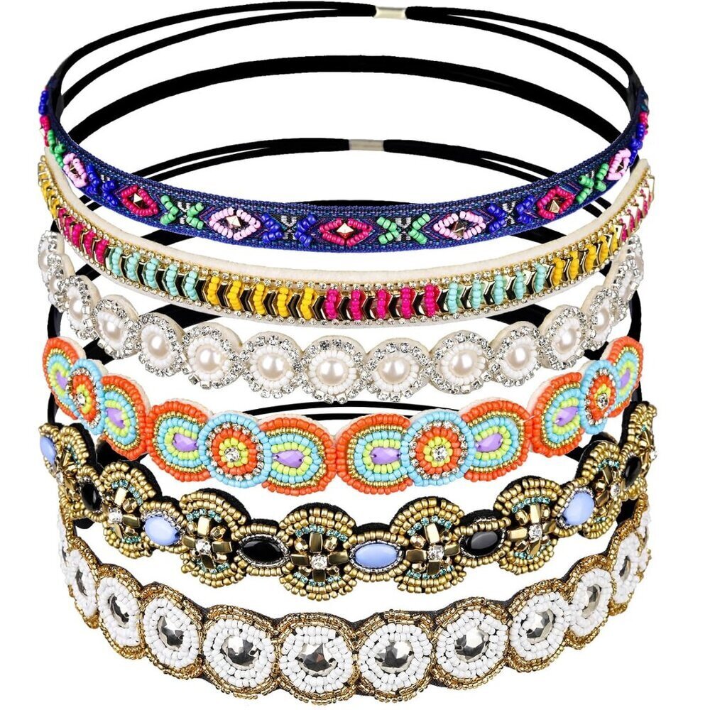 Elastic Rhinestone Beaded Headbands 6pcs Vintage Hair Accessories for Women